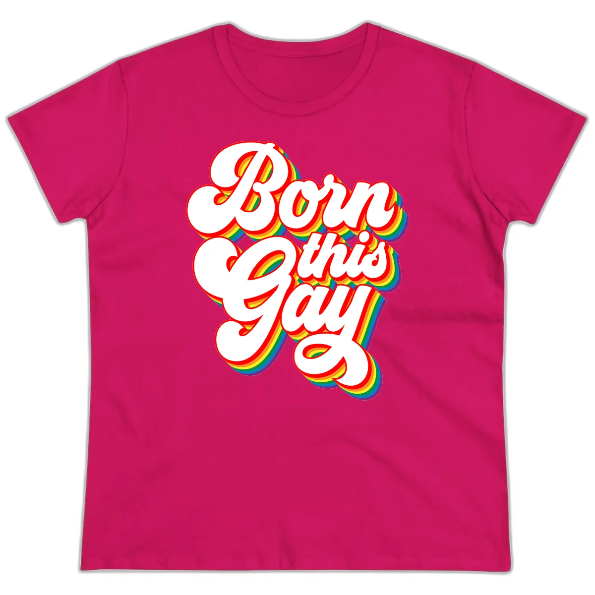 Born this gay pride design with white text outlined in red and filled with rainbow stripes on gray background in Heliconia