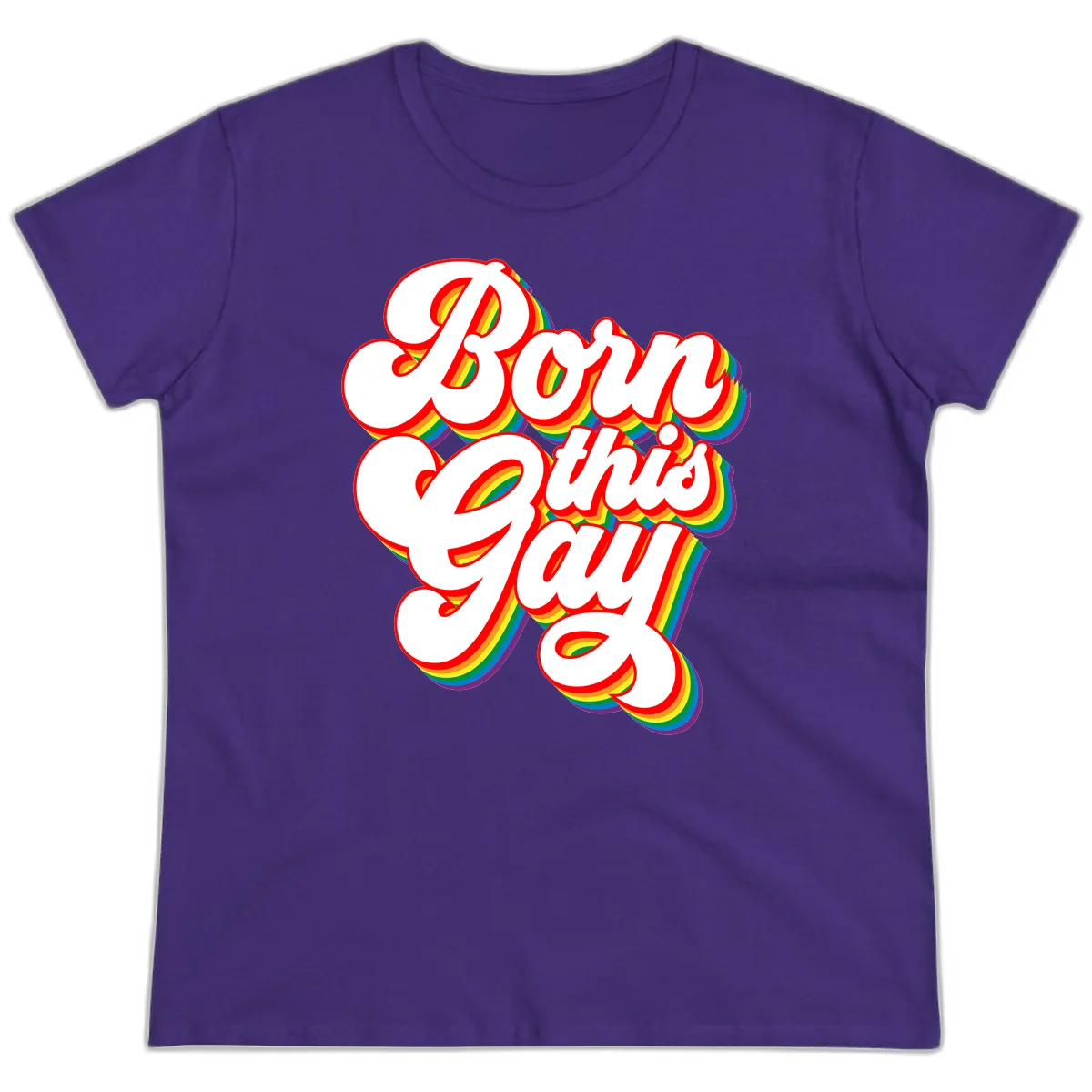 Born this gay pride design with white text outlined in red and filled with rainbow stripes on gray background in Purple