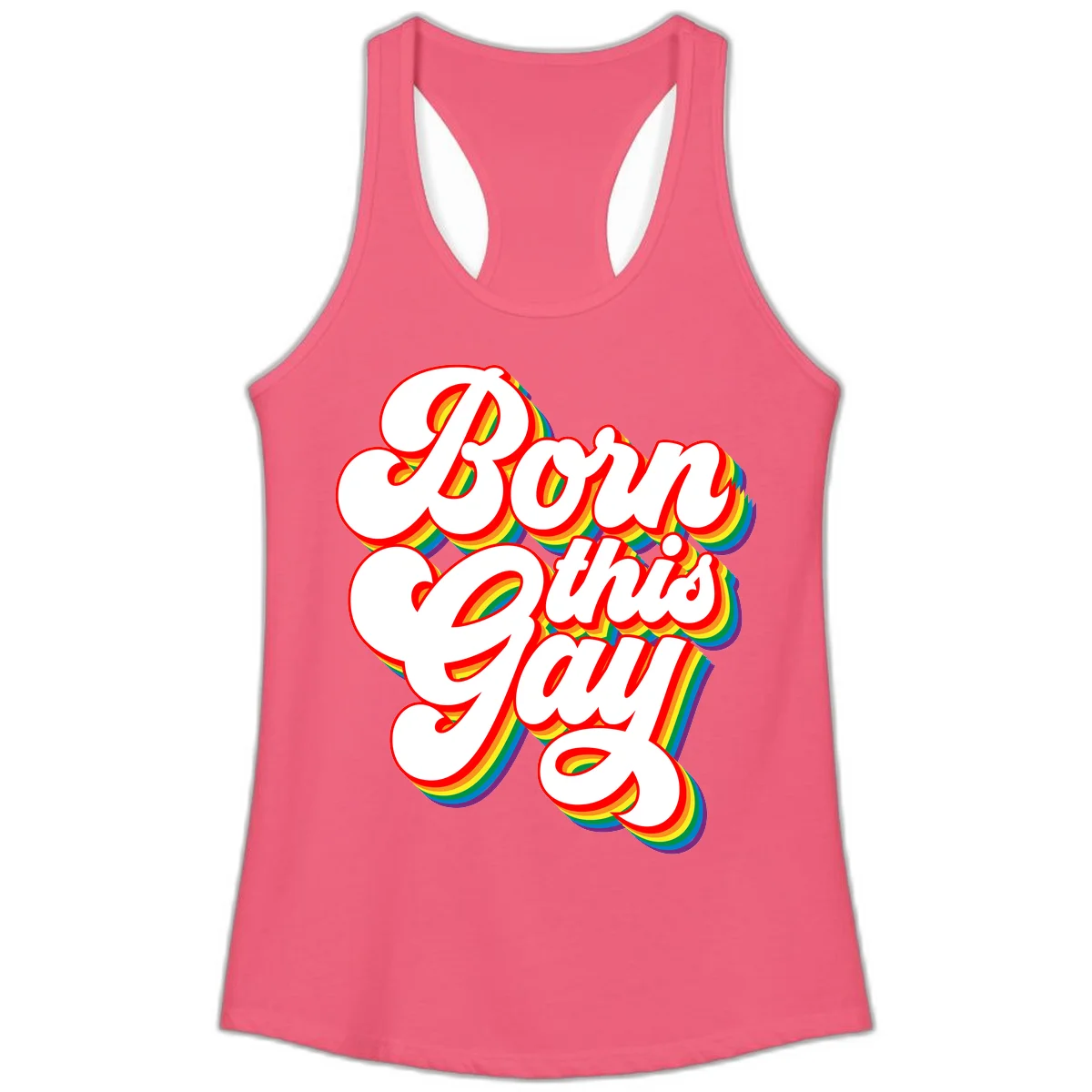 Born this gay pride design with white text outlined in red and filled with rainbow stripes on gray background in Hot Pink