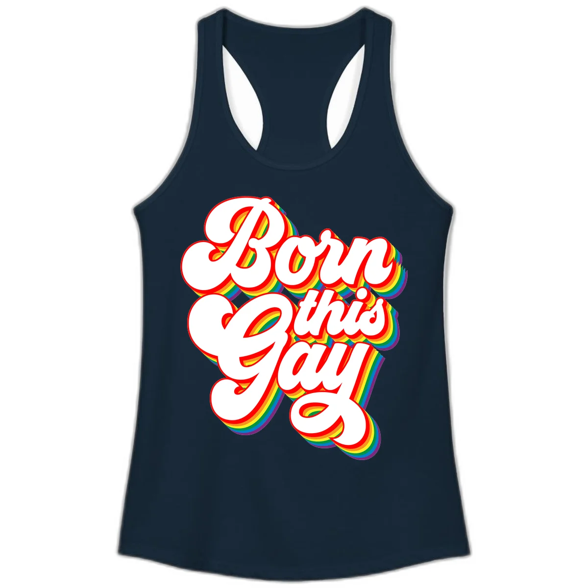 Born this gay pride design with white text outlined in red and filled with rainbow stripes on gray background in Solid Midnight Navy