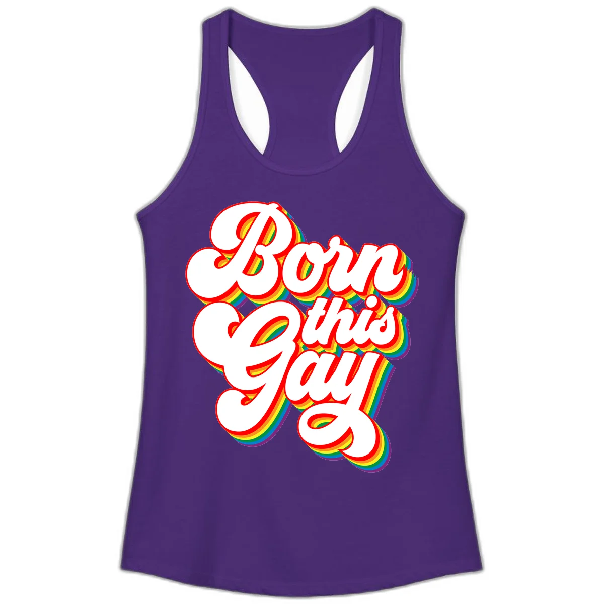 Born this gay pride design with white text outlined in red and filled with rainbow stripes on gray background in Solid Purple Rush