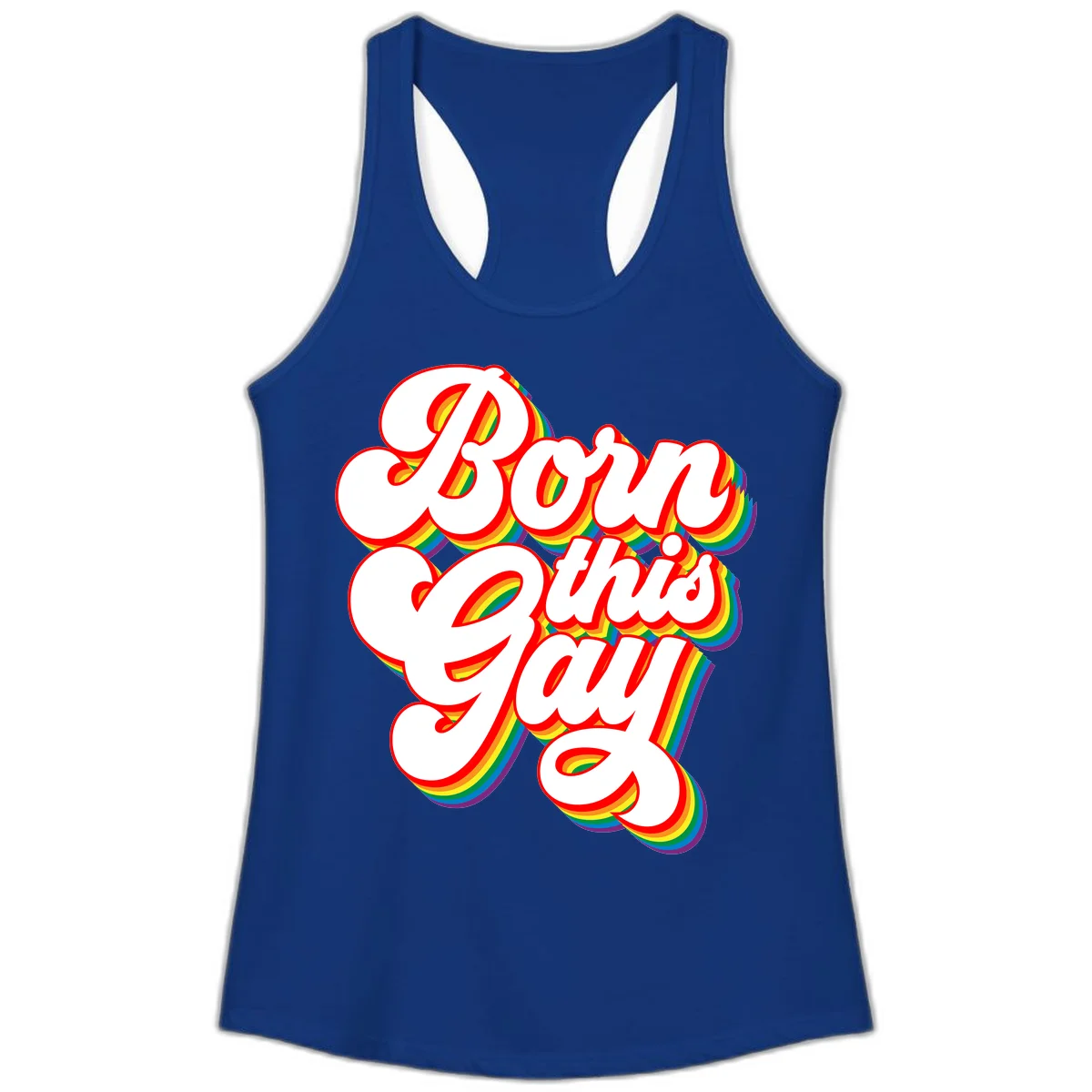 Born this gay pride design with white text outlined in red and filled with rainbow stripes on gray background in Solid Royal