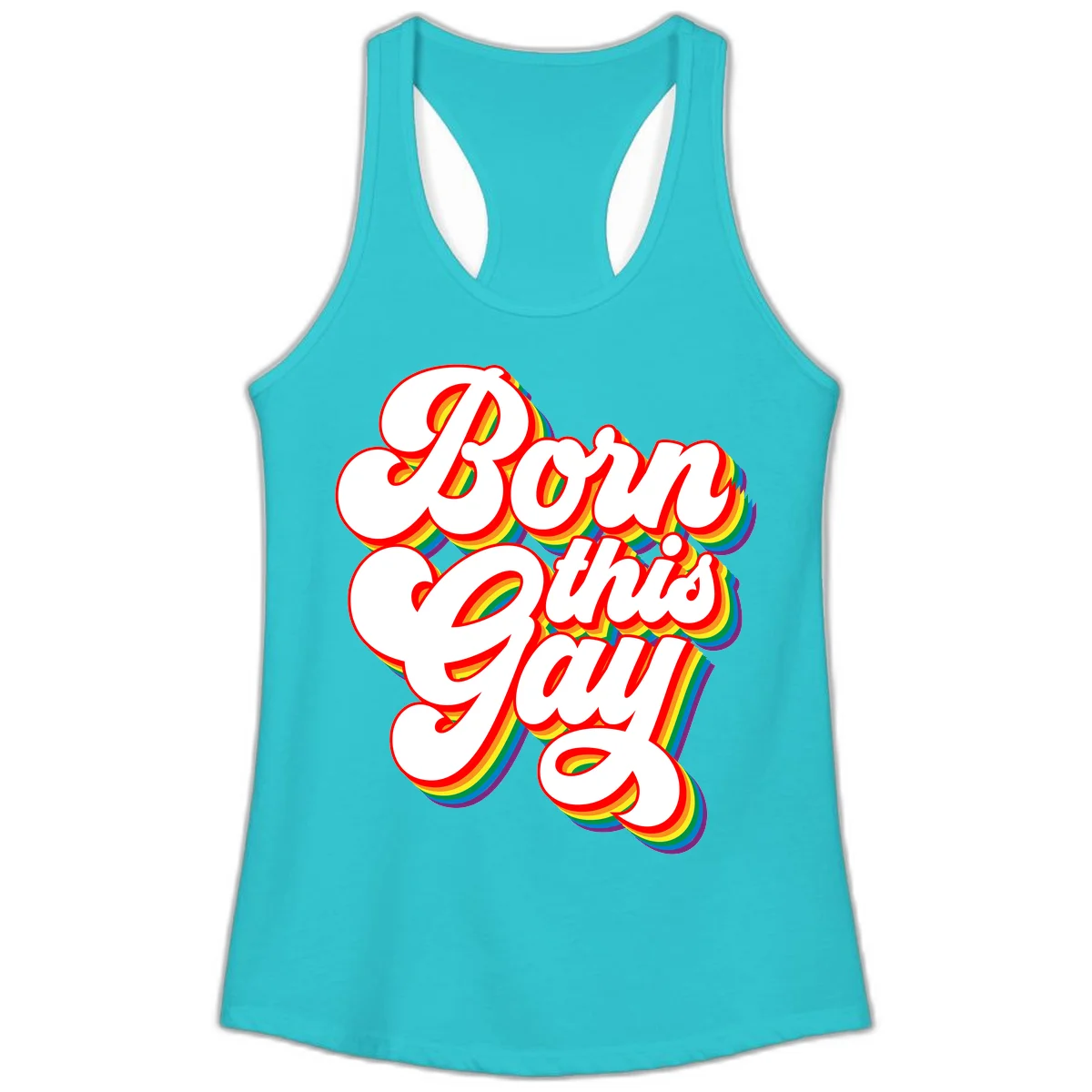 Born this gay pride design with white text outlined in red and filled with rainbow stripes on gray background in Solid Tahiti Blue
