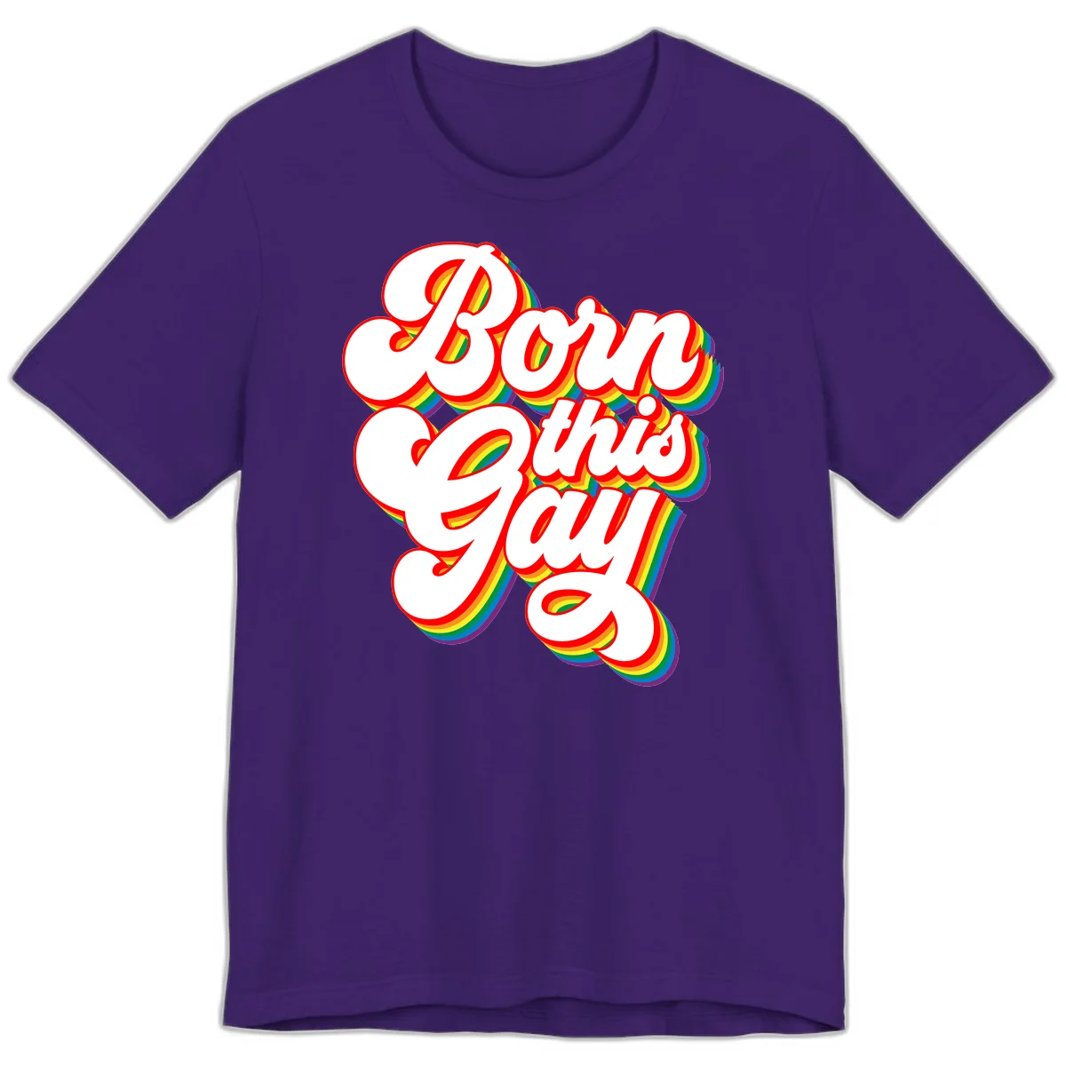 Born this gay pride design with white text outlined in red and filled with rainbow stripes on gray background in Team Purple