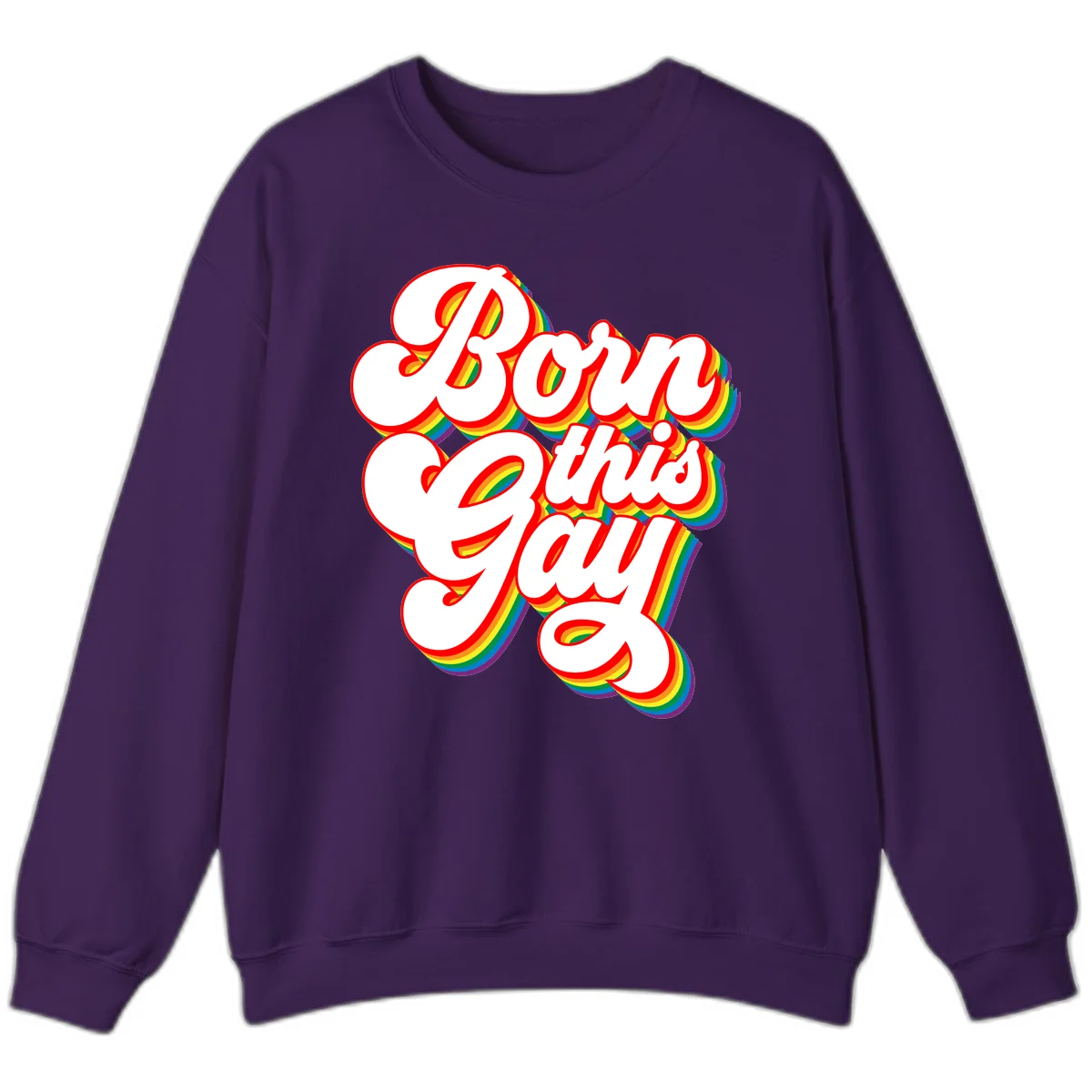 Born this gay pride design with white text outlined in red and filled with rainbow stripes on gray background in Purple
