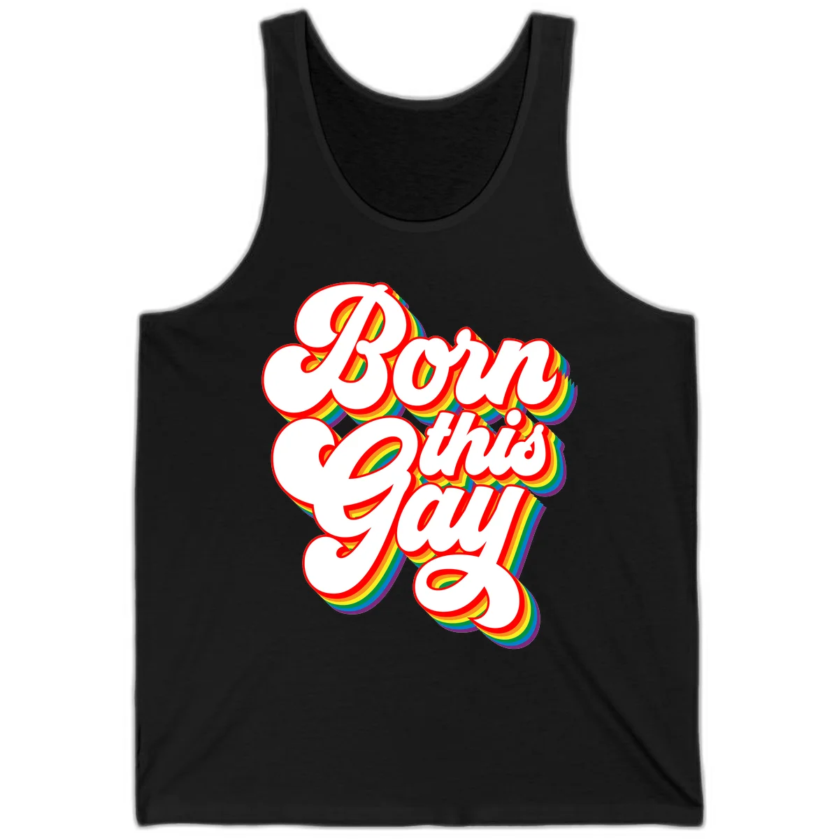 Born this gay pride design with white text outlined in red and filled with rainbow stripes on gray background in Black