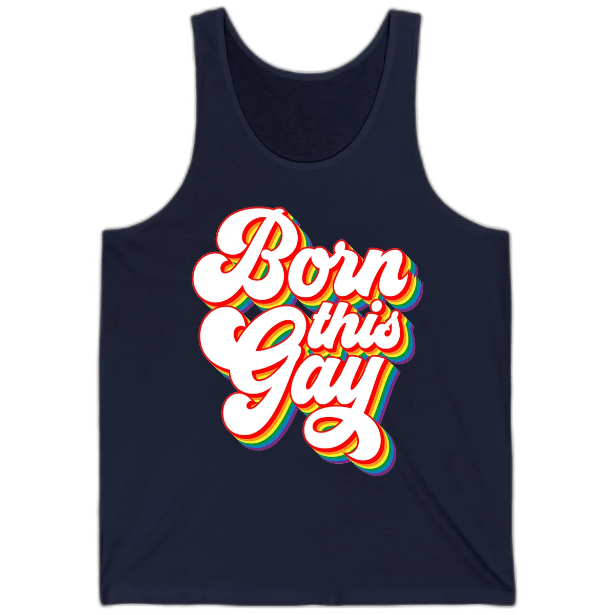 Born this gay pride design with white text outlined in red and filled with rainbow stripes on gray background in Navy