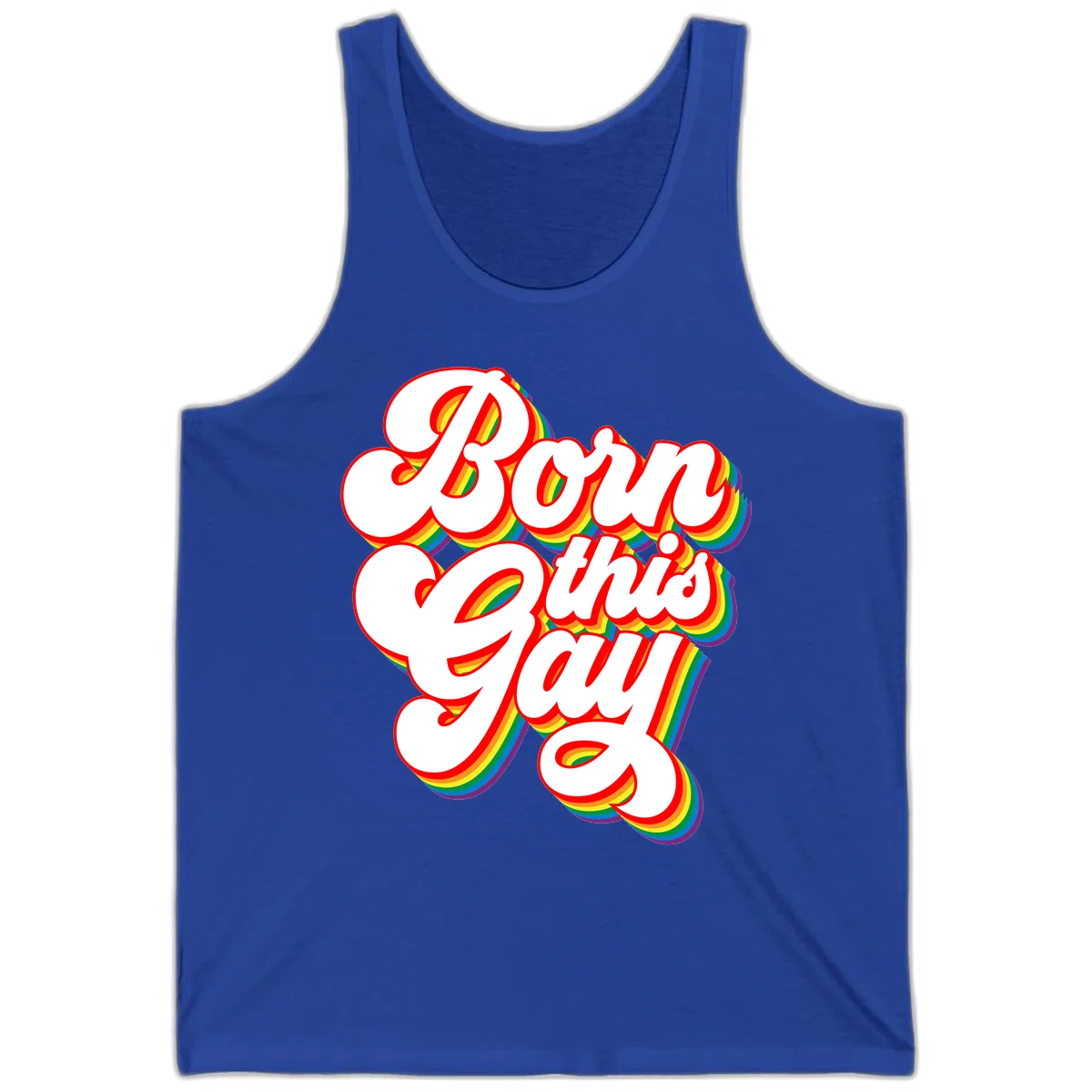 Born this gay pride design with white text outlined in red and filled with rainbow stripes on gray background in True Royal