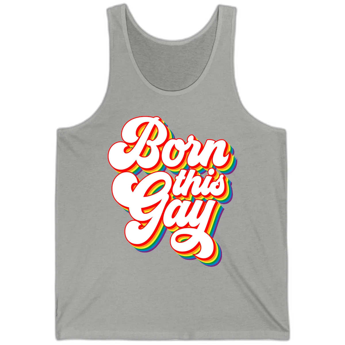 Born this gay pride design with white text outlined in red and filled with rainbow stripes on gray background in Athletic Heather