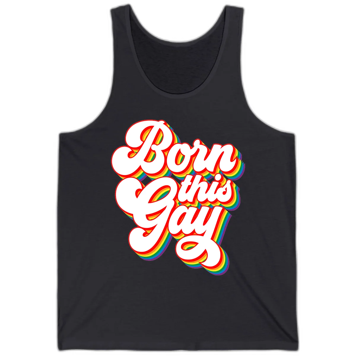 Born this gay pride design with white text outlined in red and filled with rainbow stripes on gray background in Dark Grey