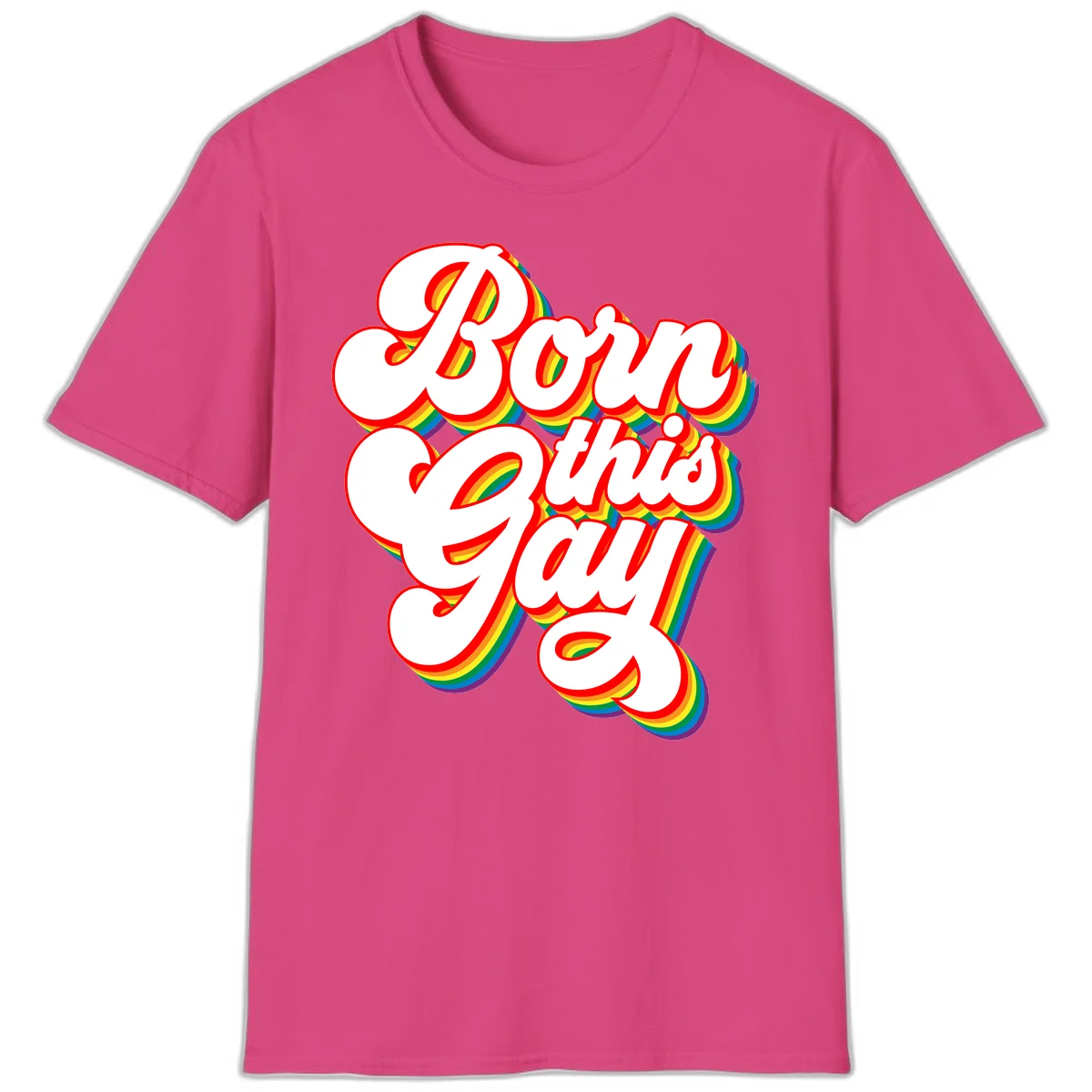 Born this gay pride design with white text outlined in red and filled with rainbow stripes on gray background in Heliconia