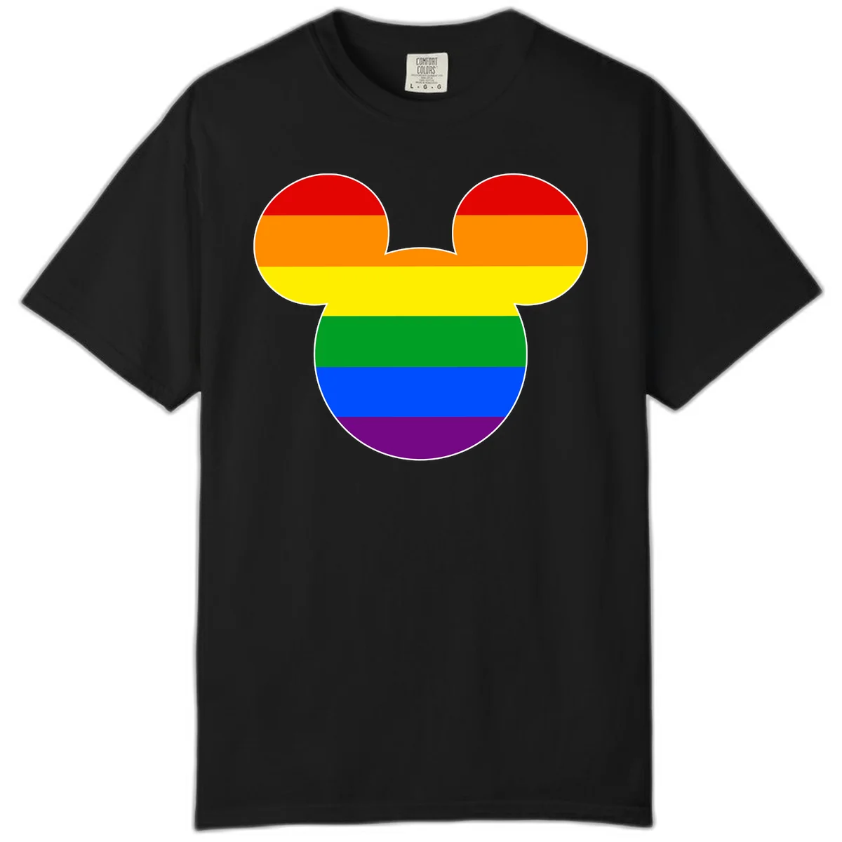 Rainbow pride flag Mickey Mouse ear silhouette with red, orange, yellow, green, blue and purple horizontal stripes in Black
