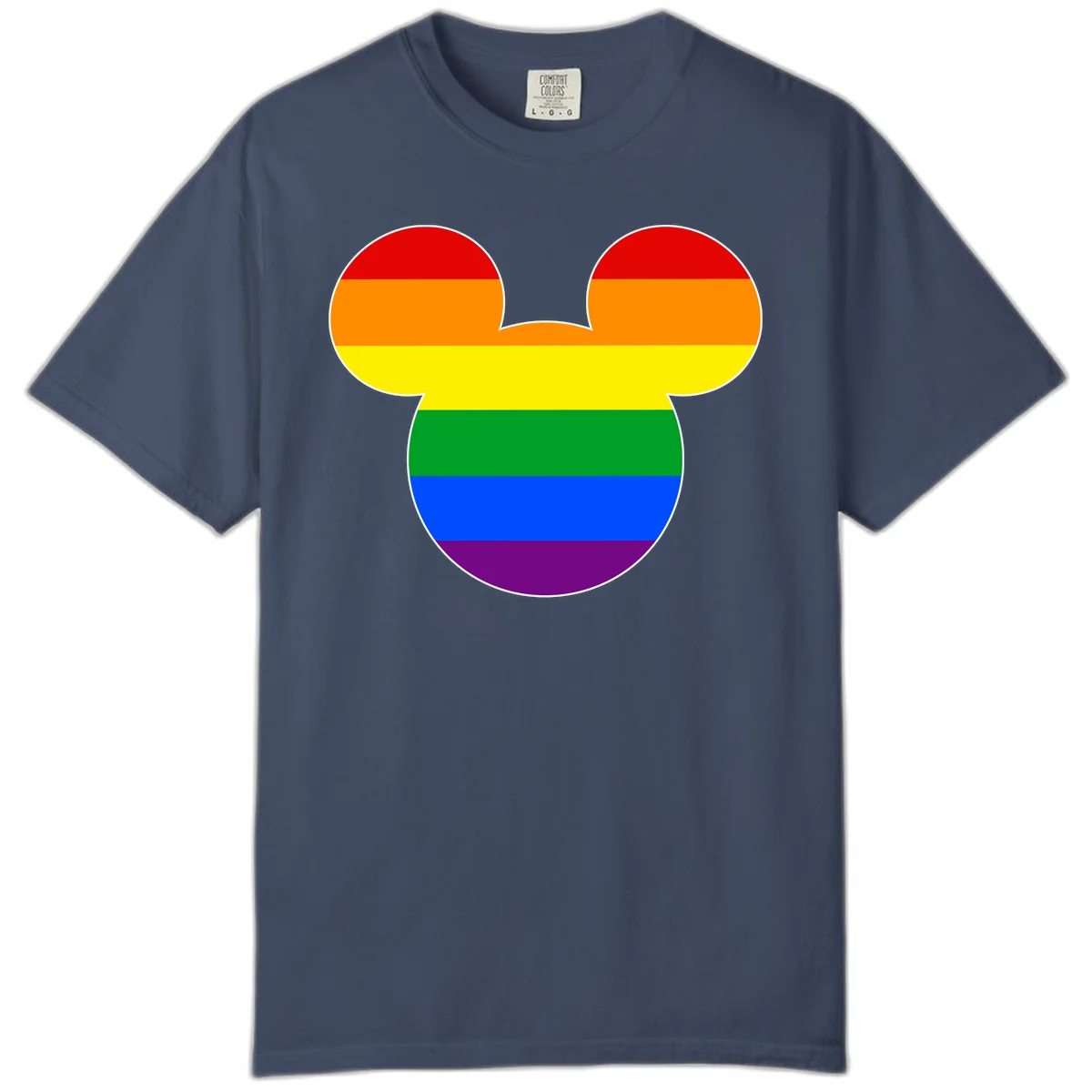 Rainbow pride flag Mickey Mouse ear silhouette with red, orange, yellow, green, blue and purple horizontal stripes in Midnight