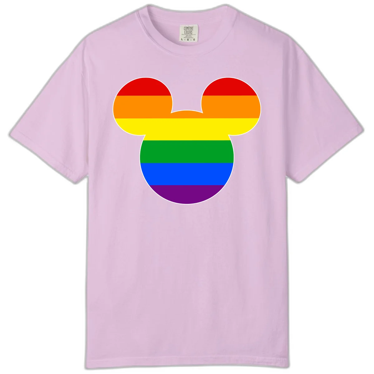 Rainbow pride flag Mickey Mouse ear silhouette with red, orange, yellow, green, blue and purple horizontal stripes in Orchid