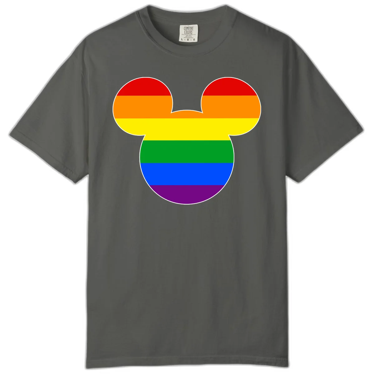 Rainbow pride flag Mickey Mouse ear silhouette with red, orange, yellow, green, blue and purple horizontal stripes in Pepper