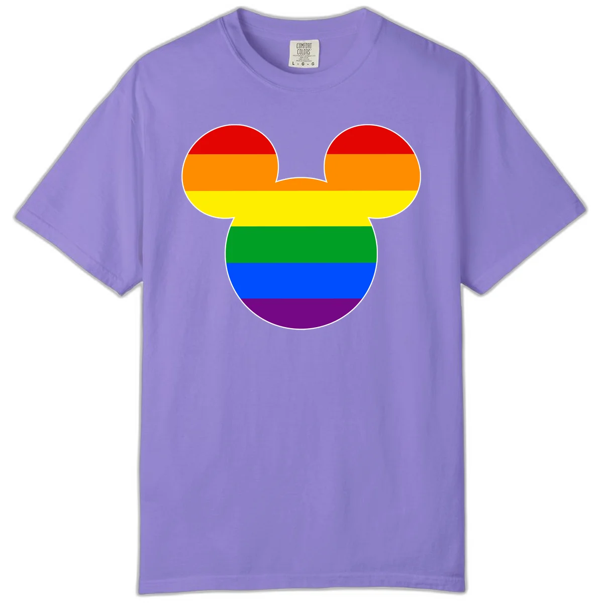 Rainbow pride flag Mickey Mouse ear silhouette with red, orange, yellow, green, blue and purple horizontal stripes in Violet