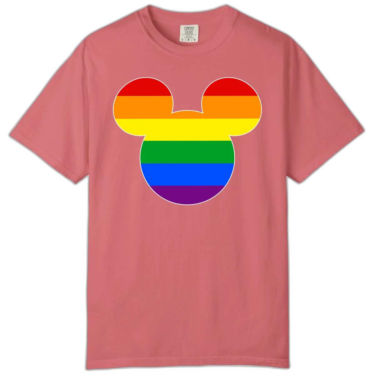 Rainbow pride flag Mickey Mouse ear silhouette with red, orange, yellow, green, blue and purple horizontal stripes in Watermelon