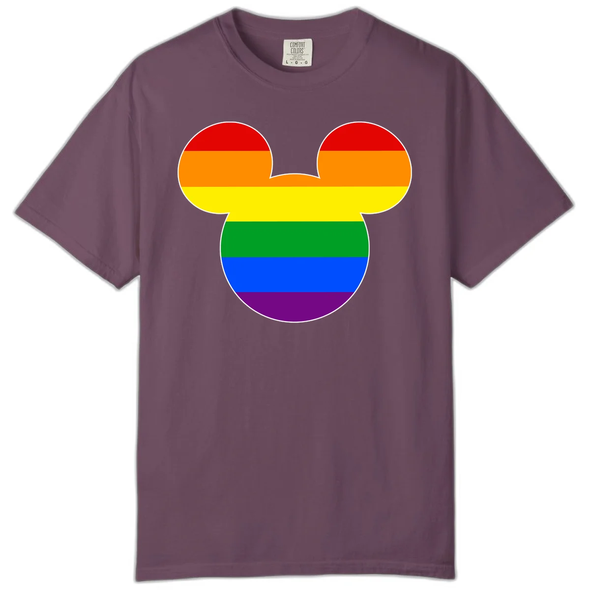 Rainbow pride flag Mickey Mouse ear silhouette with red, orange, yellow, green, blue and purple horizontal stripes in Berry