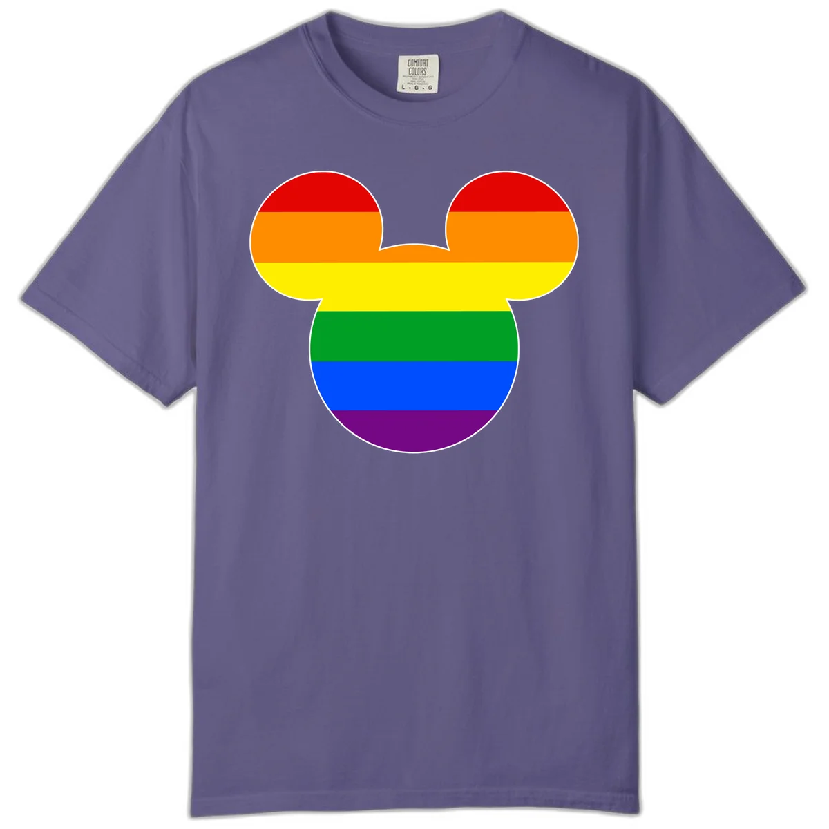Rainbow pride flag Mickey Mouse ear silhouette with red, orange, yellow, green, blue and purple horizontal stripes in Grape