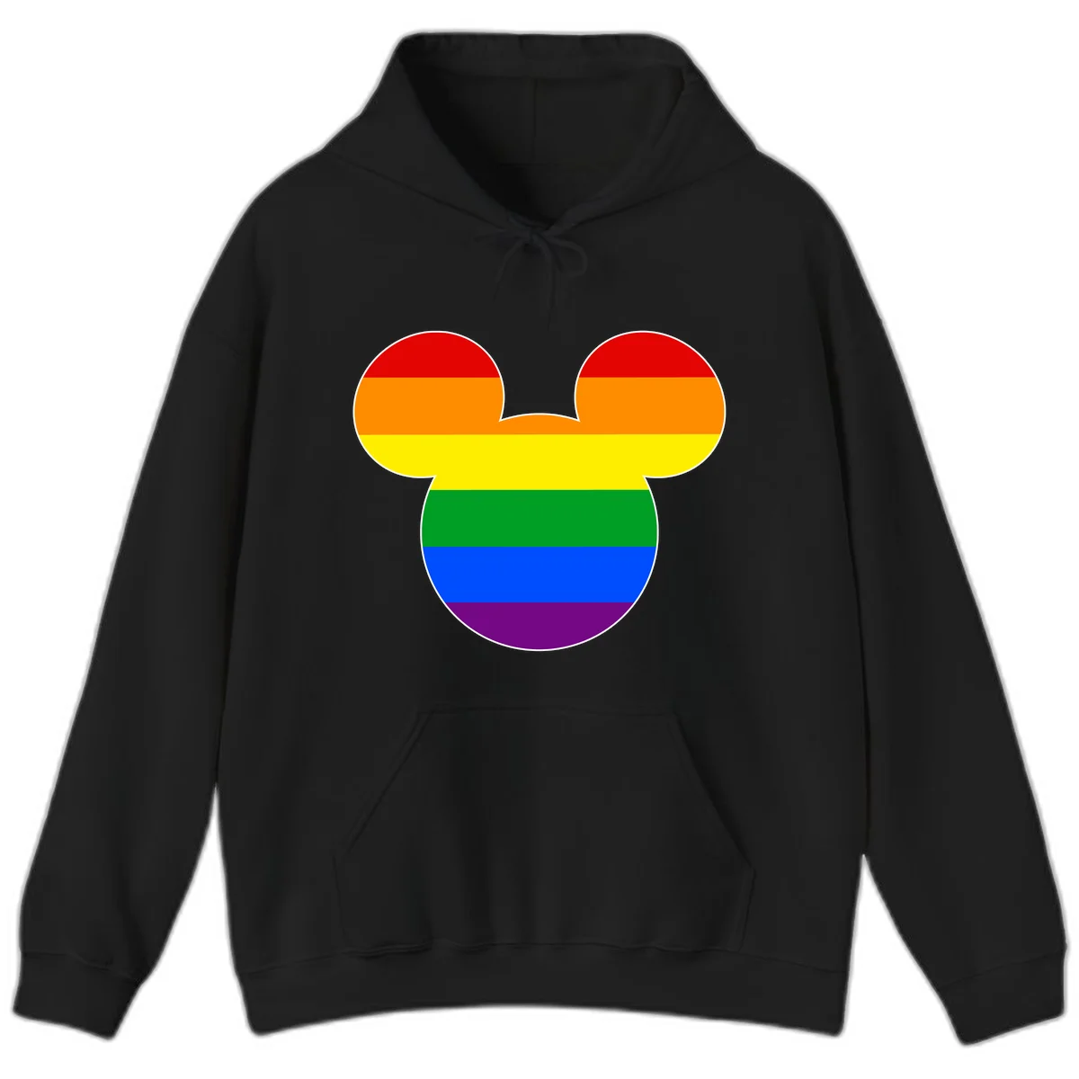Rainbow pride flag Mickey Mouse ear silhouette with red, orange, yellow, green, blue and purple horizontal stripes in Black