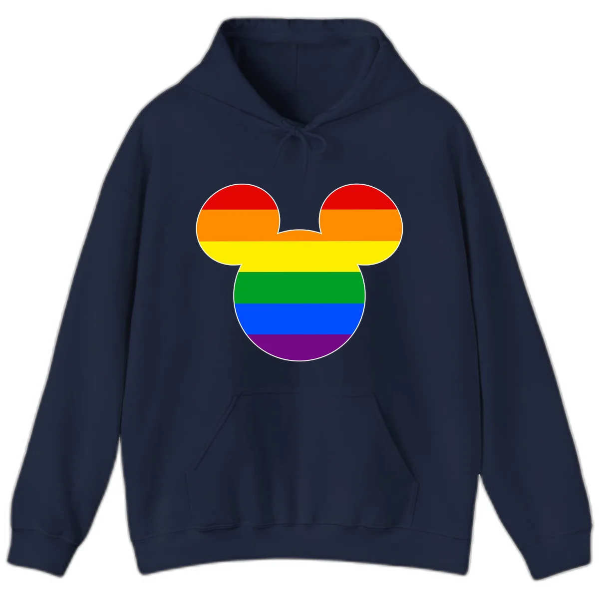 Rainbow pride flag Mickey Mouse ear silhouette with red, orange, yellow, green, blue and purple horizontal stripes in Navy