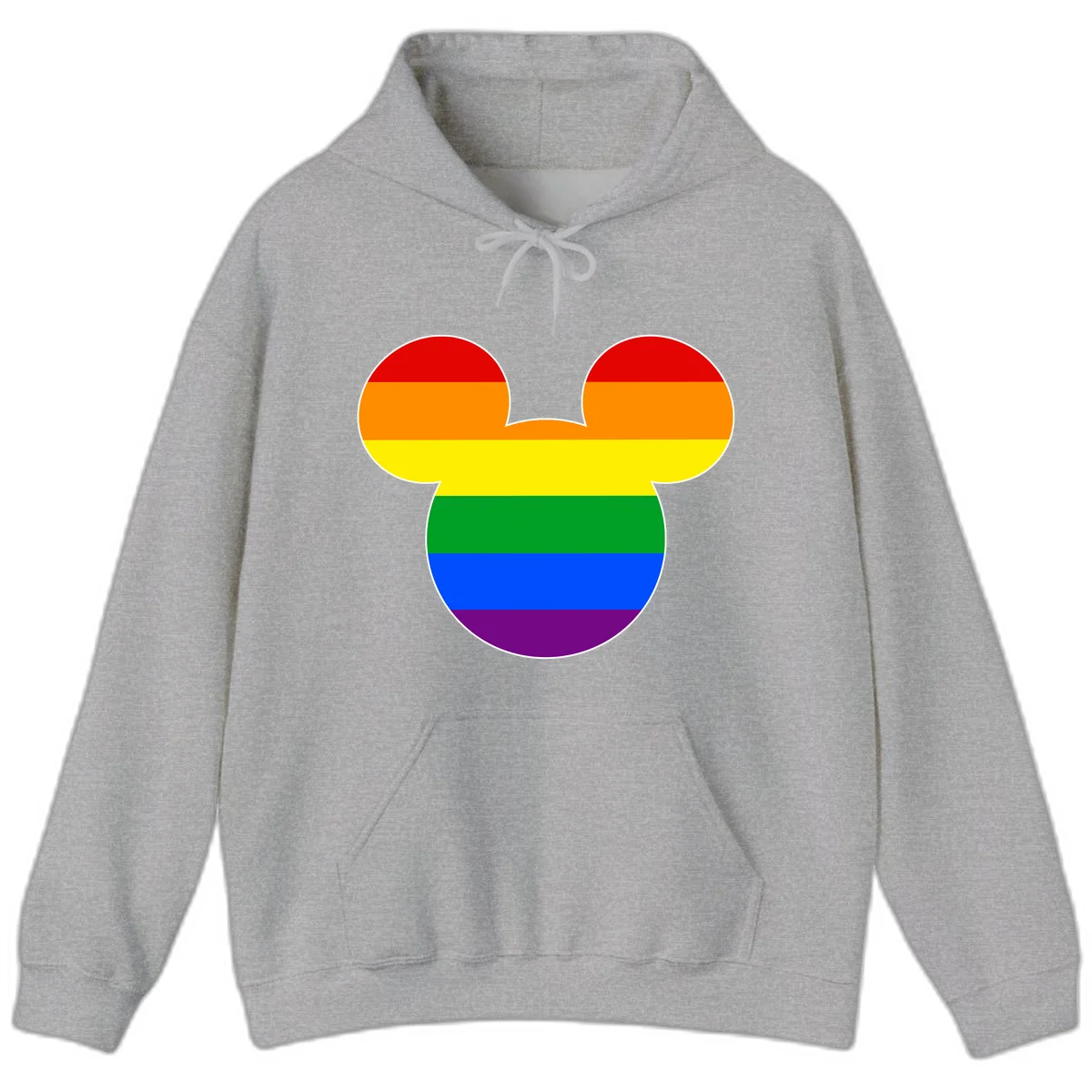Rainbow pride flag Mickey Mouse ear silhouette with red, orange, yellow, green, blue and purple horizontal stripes in Sport Grey