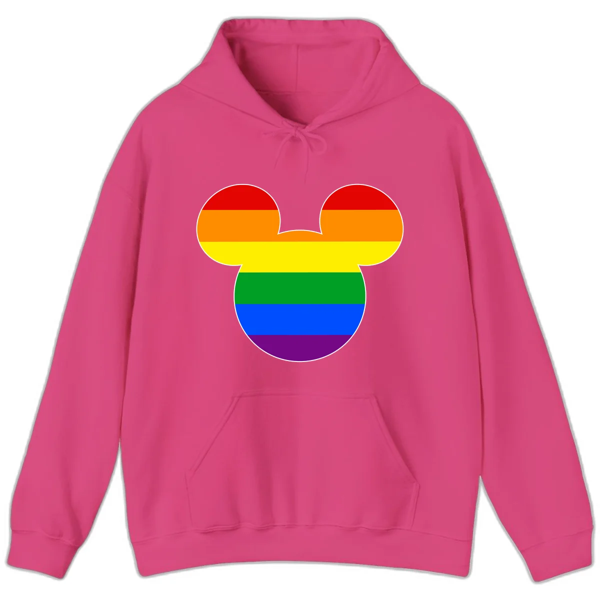 Rainbow pride flag Mickey Mouse ear silhouette with red, orange, yellow, green, blue and purple horizontal stripes in Heliconia