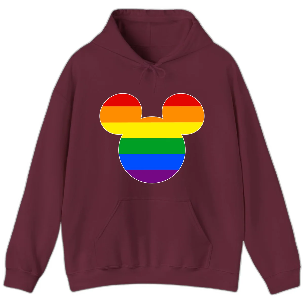 Rainbow pride flag Mickey Mouse ear silhouette with red, orange, yellow, green, blue and purple horizontal stripes in Maroon