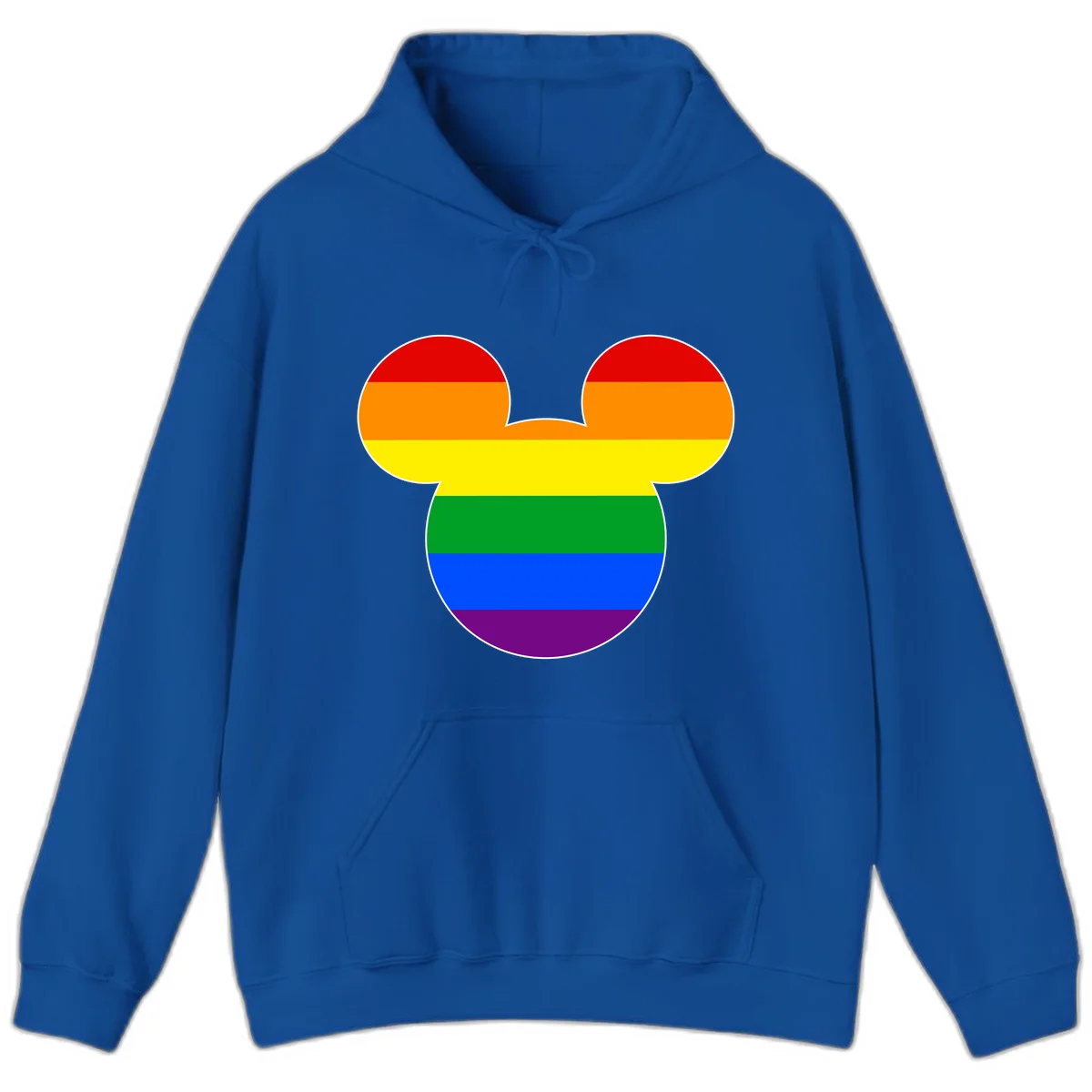 Rainbow pride flag Mickey Mouse ear silhouette with red, orange, yellow, green, blue and purple horizontal stripes in Royal