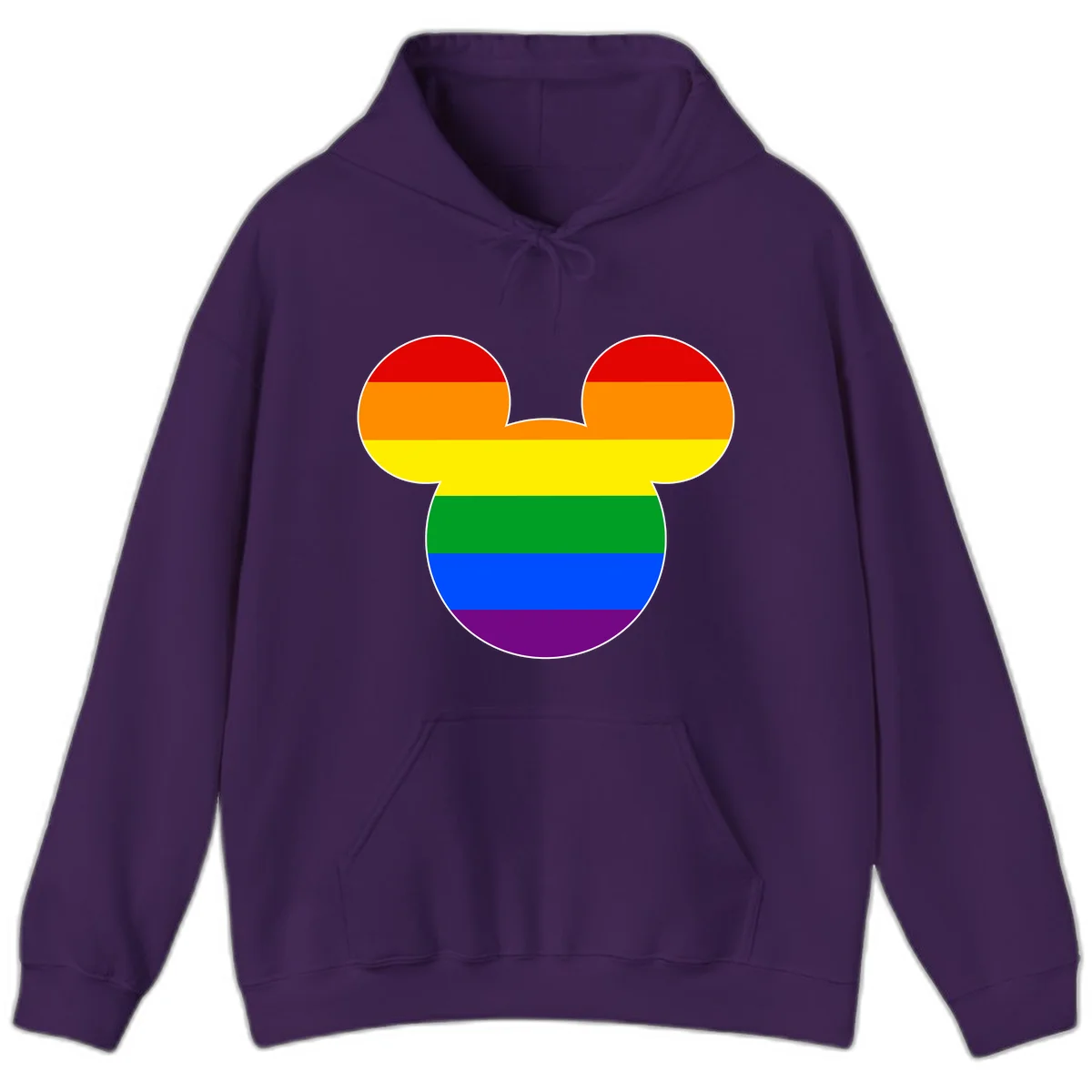 Rainbow pride flag Mickey Mouse ear silhouette with red, orange, yellow, green, blue and purple horizontal stripes in Purple