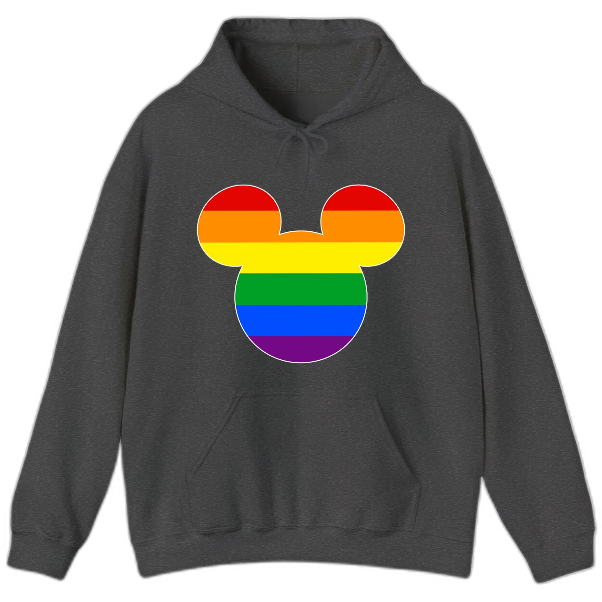Rainbow pride flag Mickey Mouse ear silhouette with red, orange, yellow, green, blue and purple horizontal stripes in Dark Heather