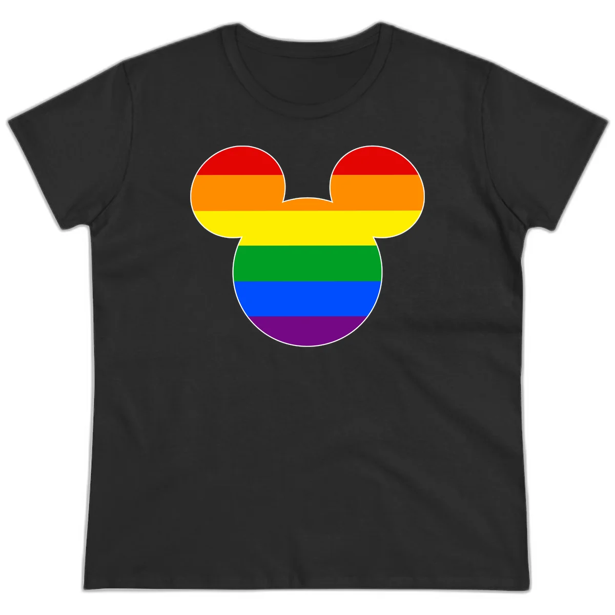 Rainbow pride flag Mickey Mouse ear silhouette with red, orange, yellow, green, blue and purple horizontal stripes in Black
