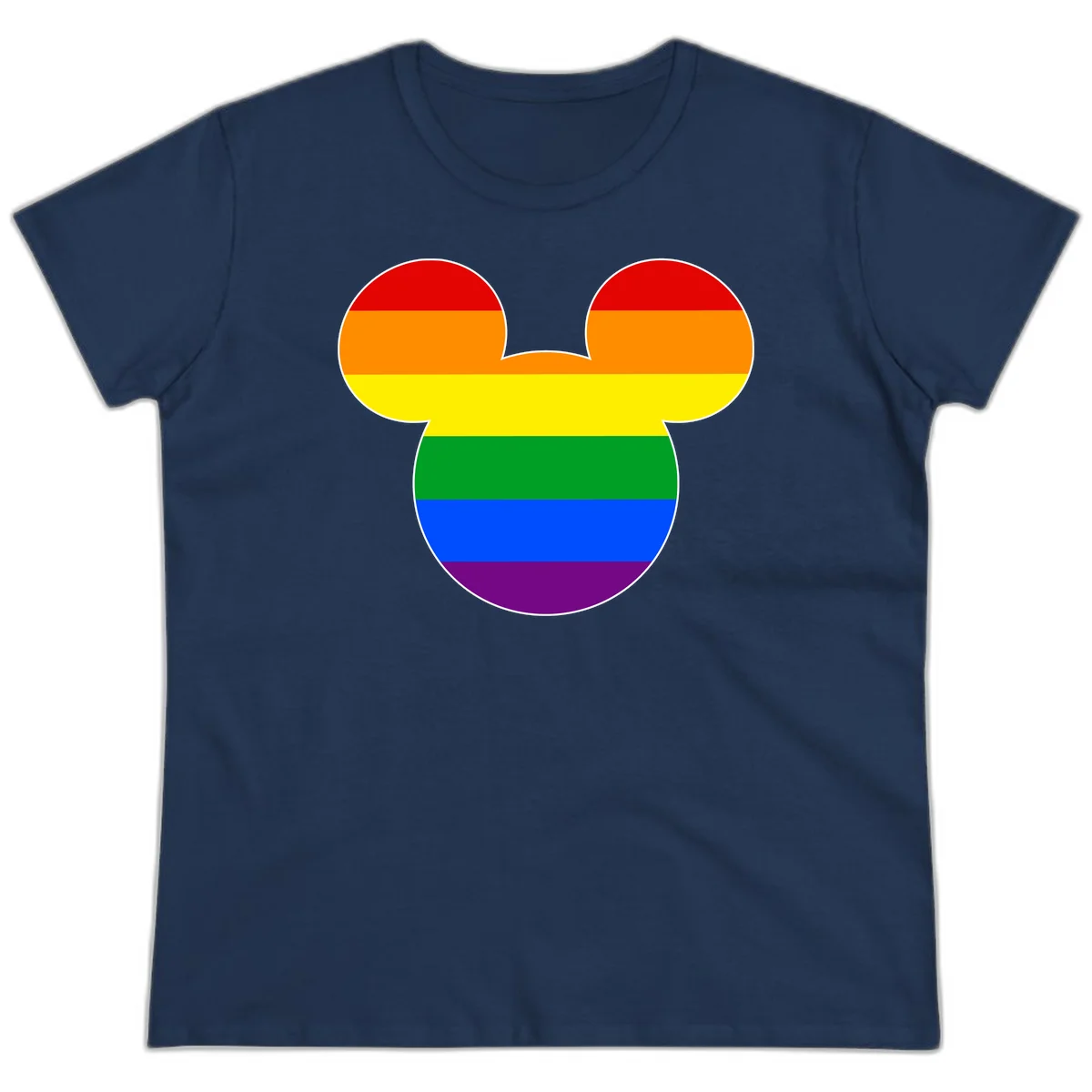 Rainbow pride flag Mickey Mouse ear silhouette with red, orange, yellow, green, blue and purple horizontal stripes in Navy