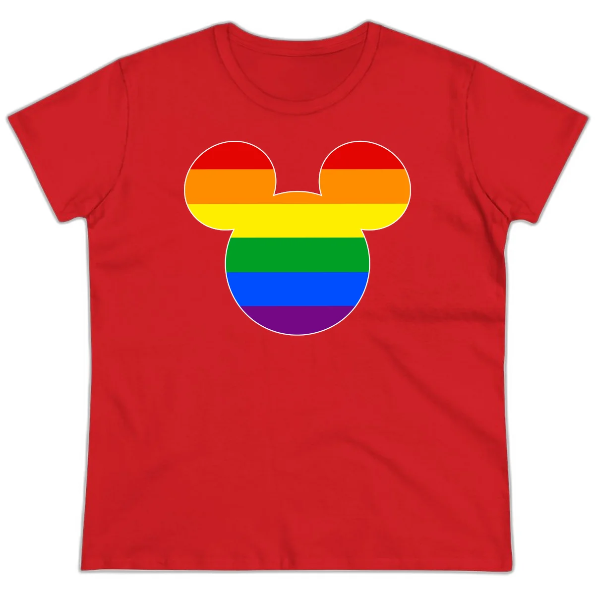 Rainbow pride flag Mickey Mouse ear silhouette with red, orange, yellow, green, blue and purple horizontal stripes in Red