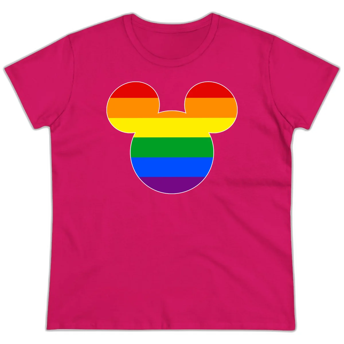 Rainbow pride flag Mickey Mouse ear silhouette with red, orange, yellow, green, blue and purple horizontal stripes in Heliconia
