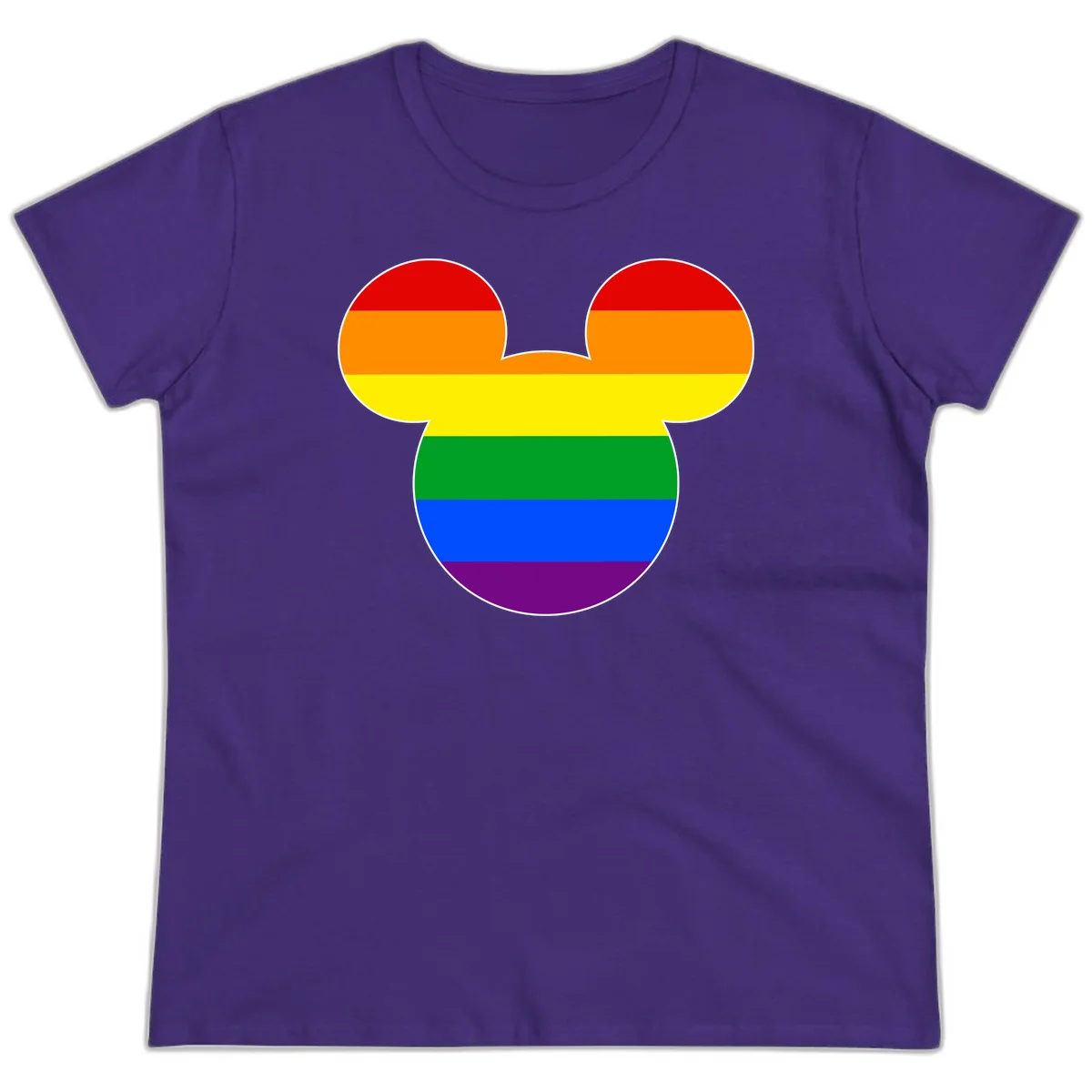 Rainbow pride flag Mickey Mouse ear silhouette with red, orange, yellow, green, blue and purple horizontal stripes in Purple