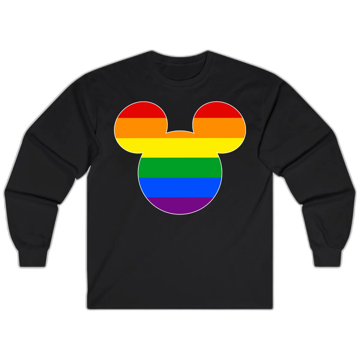 Rainbow pride flag Mickey Mouse ear silhouette with red, orange, yellow, green, blue and purple horizontal stripes in Black