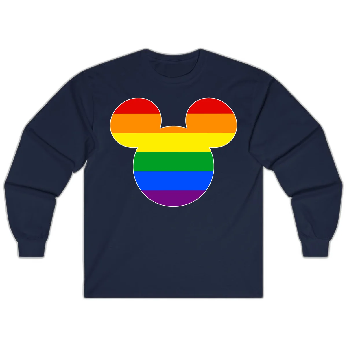 Rainbow pride flag Mickey Mouse ear silhouette with red, orange, yellow, green, blue and purple horizontal stripes in Navy
