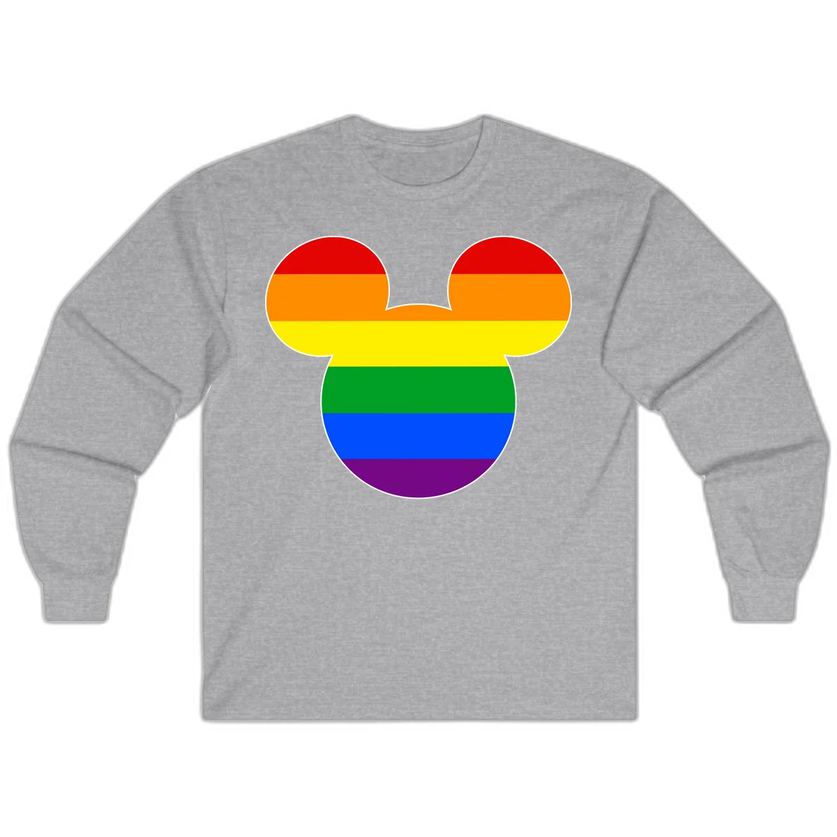 Rainbow pride flag Mickey Mouse ear silhouette with red, orange, yellow, green, blue and purple horizontal stripes in Sport Grey