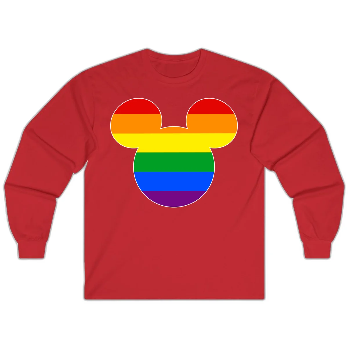 Rainbow pride flag Mickey Mouse ear silhouette with red, orange, yellow, green, blue and purple horizontal stripes in Red