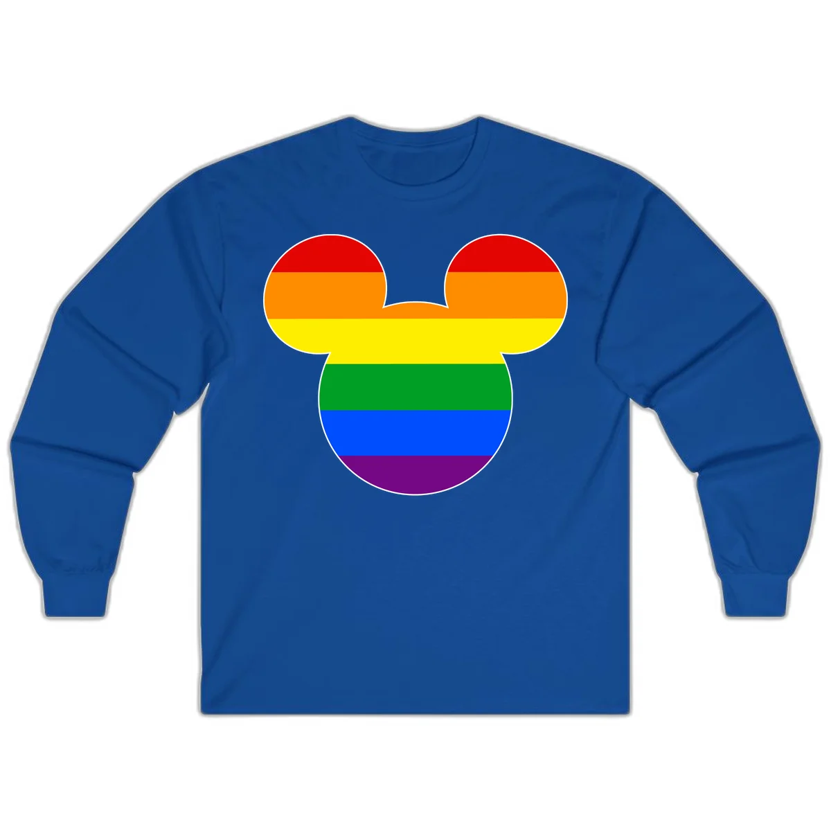 Rainbow pride flag Mickey Mouse ear silhouette with red, orange, yellow, green, blue and purple horizontal stripes in Royal