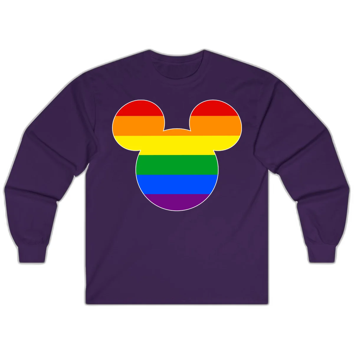 Rainbow pride flag Mickey Mouse ear silhouette with red, orange, yellow, green, blue and purple horizontal stripes in Purple