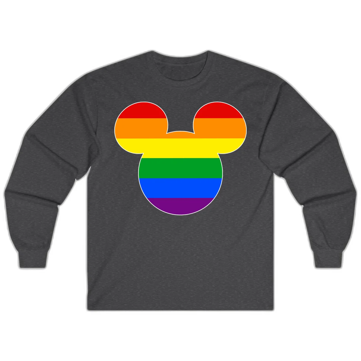 Rainbow pride flag Mickey Mouse ear silhouette with red, orange, yellow, green, blue and purple horizontal stripes in Dark Heather