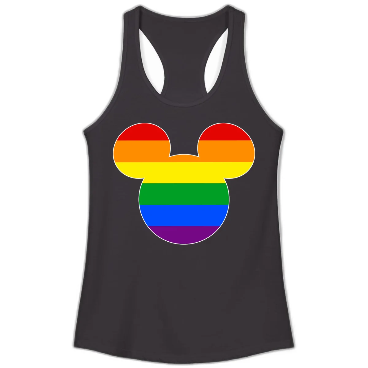 Rainbow pride flag Mickey Mouse ear silhouette with red, orange, yellow, green, blue and purple horizontal stripes in Black