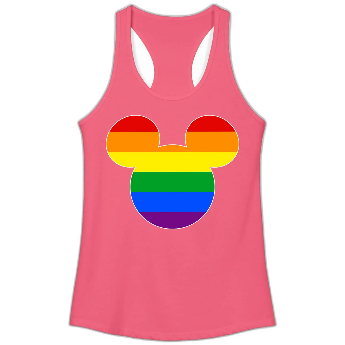 Rainbow pride flag Mickey Mouse ear silhouette with red, orange, yellow, green, blue and purple horizontal stripes in Hot Pink
