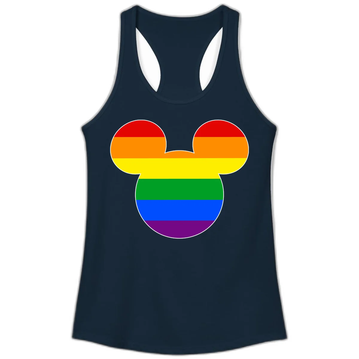 Rainbow pride flag Mickey Mouse ear silhouette with red, orange, yellow, green, blue and purple horizontal stripes in Solid Midnight Navy