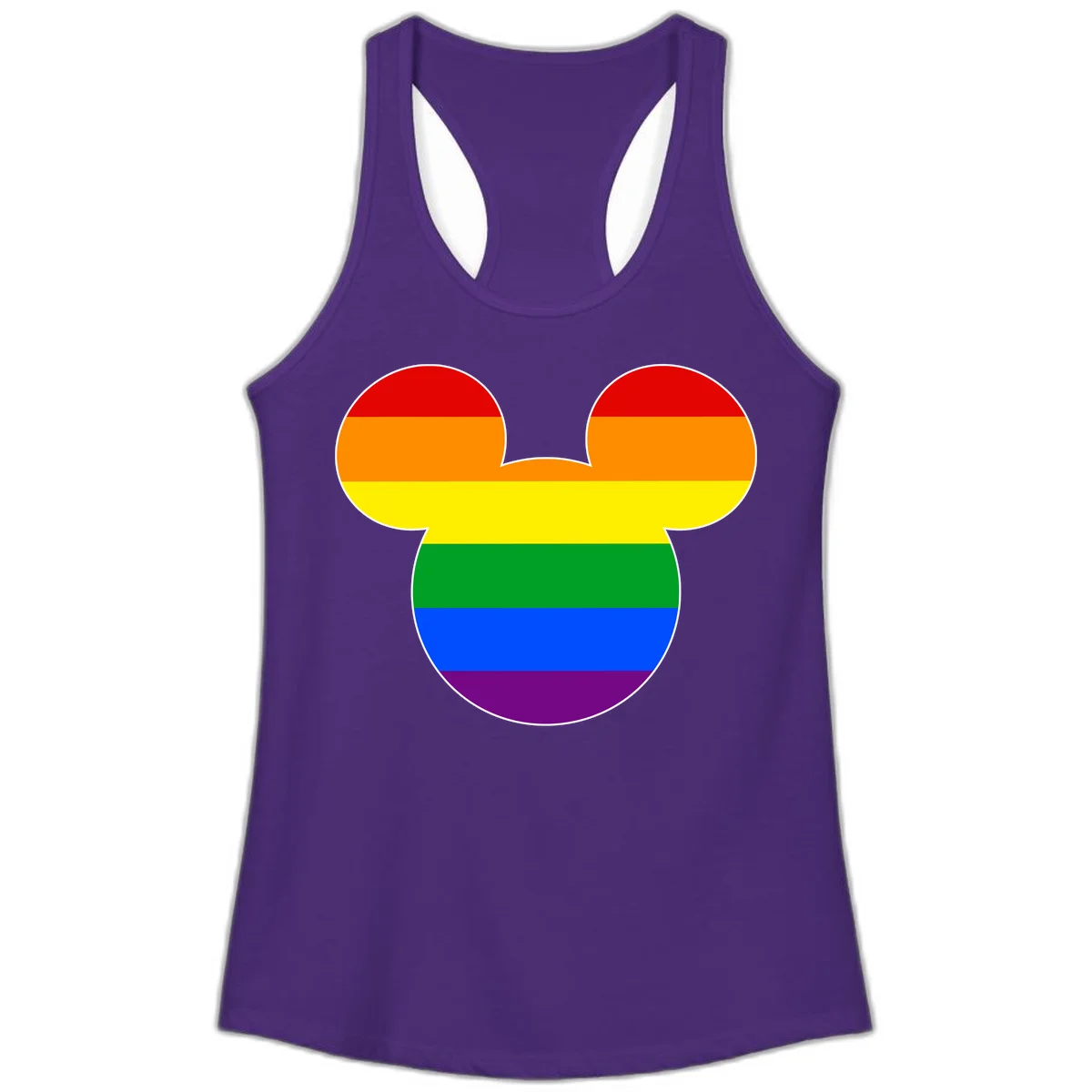Rainbow pride flag Mickey Mouse ear silhouette with red, orange, yellow, green, blue and purple horizontal stripes in Solid Purple Rush