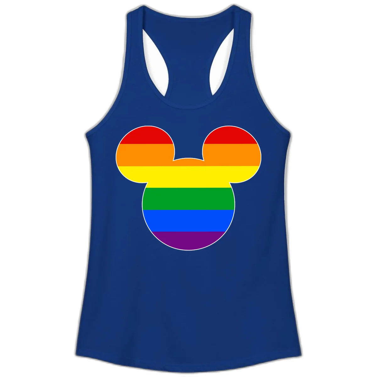 Rainbow pride flag Mickey Mouse ear silhouette with red, orange, yellow, green, blue and purple horizontal stripes in Solid Royal