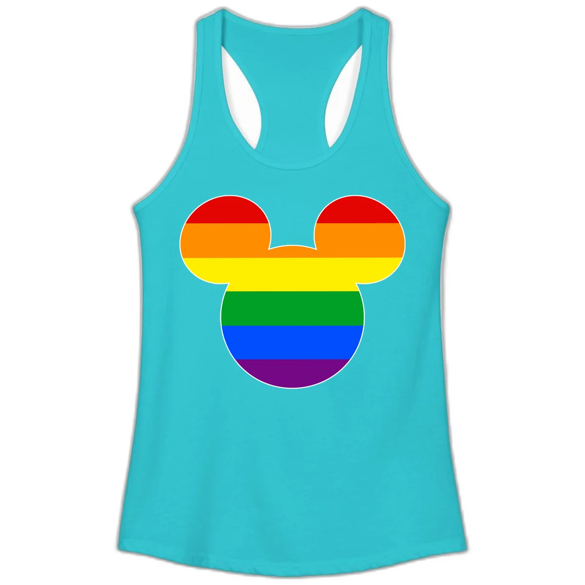 Rainbow pride flag Mickey Mouse ear silhouette with red, orange, yellow, green, blue and purple horizontal stripes in Solid Tahiti Blue