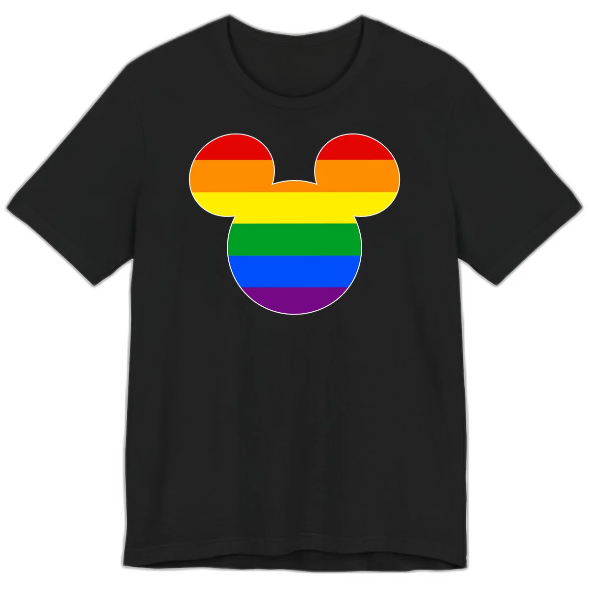 Rainbow pride flag Mickey Mouse ear silhouette with red, orange, yellow, green, blue and purple horizontal stripes in Black
